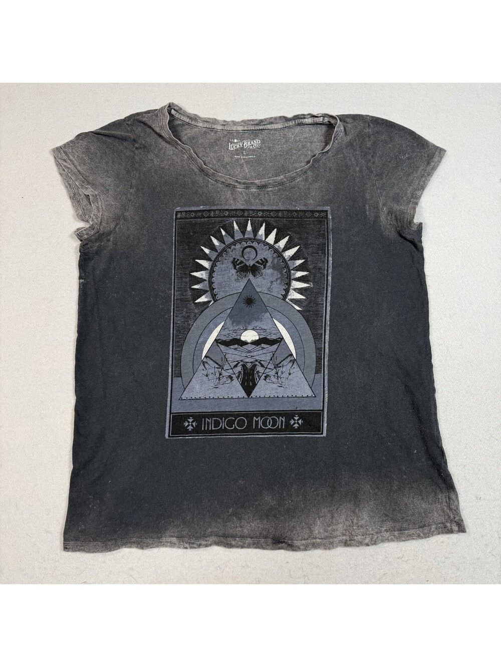 Lucky Brand Indigo Moon Mineral Wash Graphic Tee Grey Boho Tarot Card Womens L